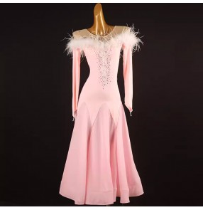 Light pink feather ballroom dance dresses for women girls waltz tango flamenco ballroom dancing long gown for female